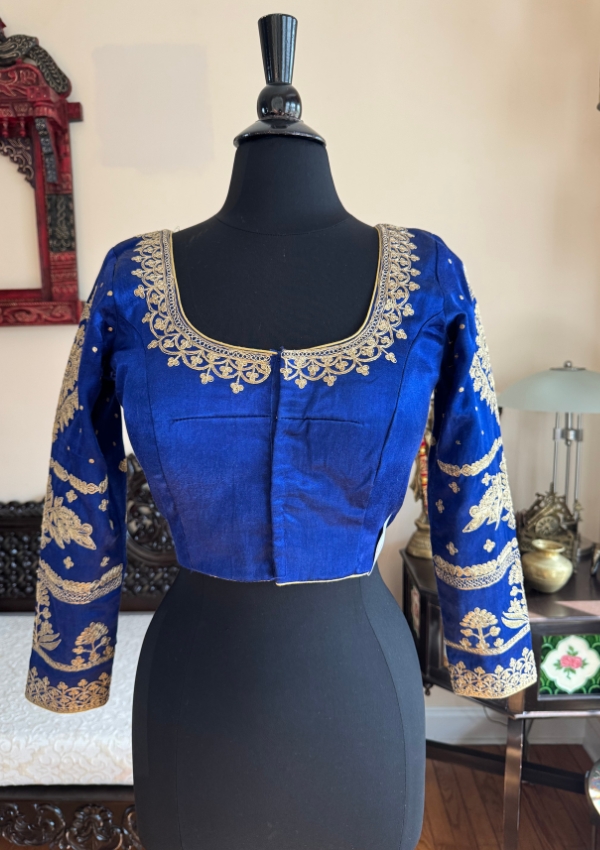 Royal Blue Embroidered Silk Blouse